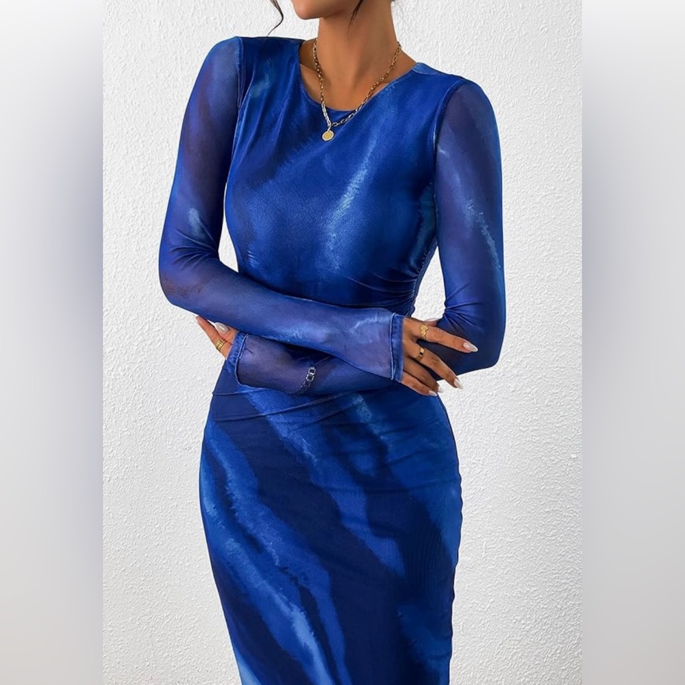 Royal Blue Long Sleeve Bodycon Dress with Ruched Detail